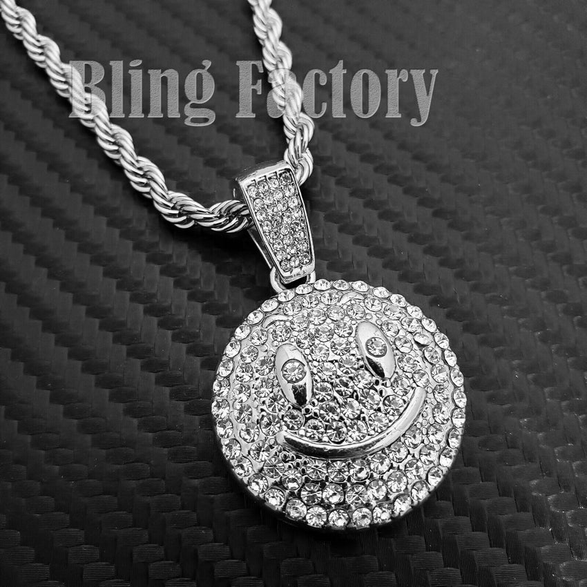 Hip Hop Iced Emoji Smile Face Charm Pendant & 4mm 24" Rope Chain Necklace