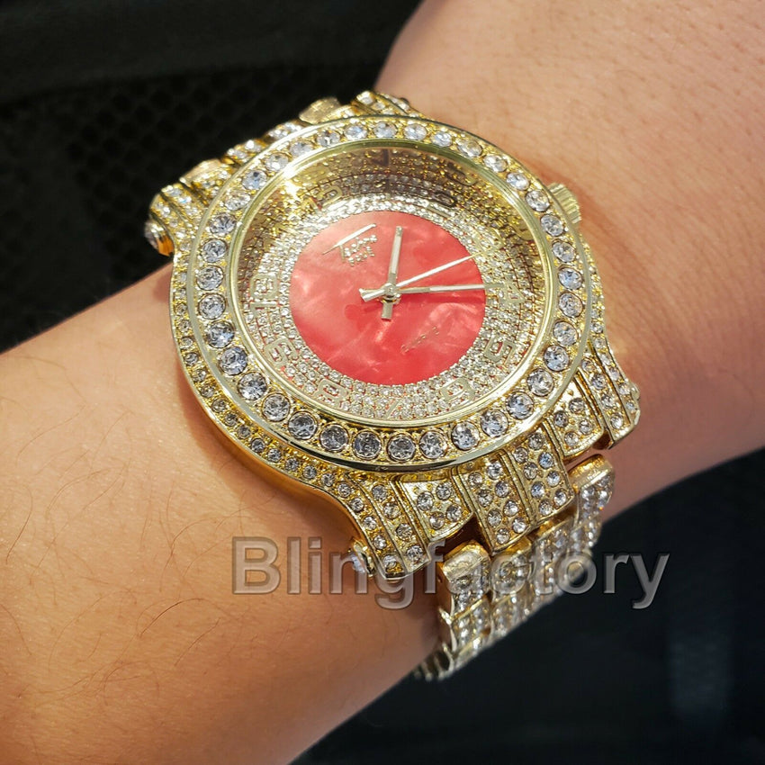 Men's Hip Hop Iced out Gold Plated Bling Red Dial Lab Diamond Rapper Metal Watch