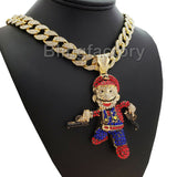 Hip Hop Mario Gun Man Pendant & 18" Full Iced Miami Cuban Choker Chain Necklace