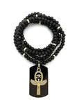 Hip Hop Egyptian Ankh Cross & Dog Tag Pendant & 6mm 30" Wooden Bead Necklace