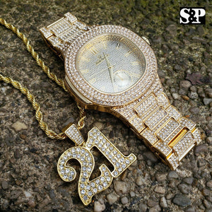 Men's Hip Hop Iced Out Bling Lab Diamond Watch & Savage 21 Necklace combo Set