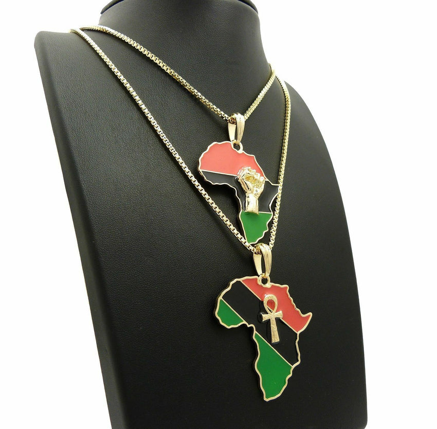 New Fist & Ankh in Africa Pendant w/ 24",30" Box Chain Hip Hop 2 Necklace Set