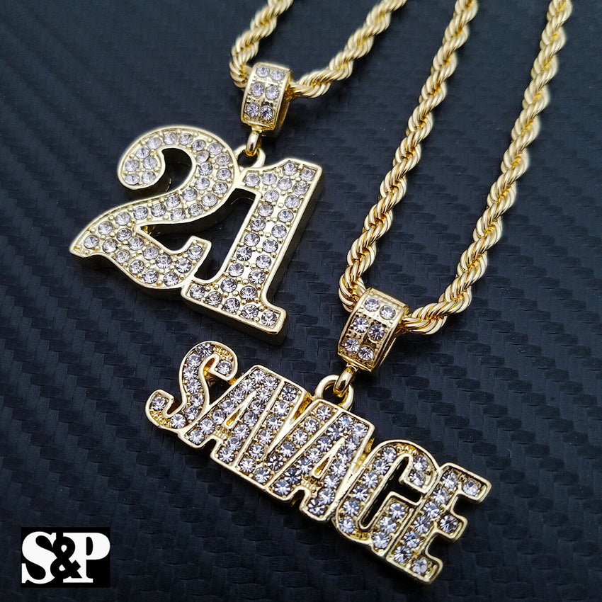 Men's Hip Hop Gold PT SAVAGE 21 Pendant w/ 4mm 24" Rope Chain 2 Necklace set