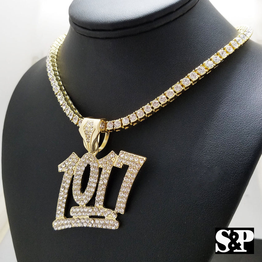 Hip Hop 1017 Pendant w/ 18" 1 ROW DIAMOND Choker Chain Set & 16" Full Iced Cuban Necklace set