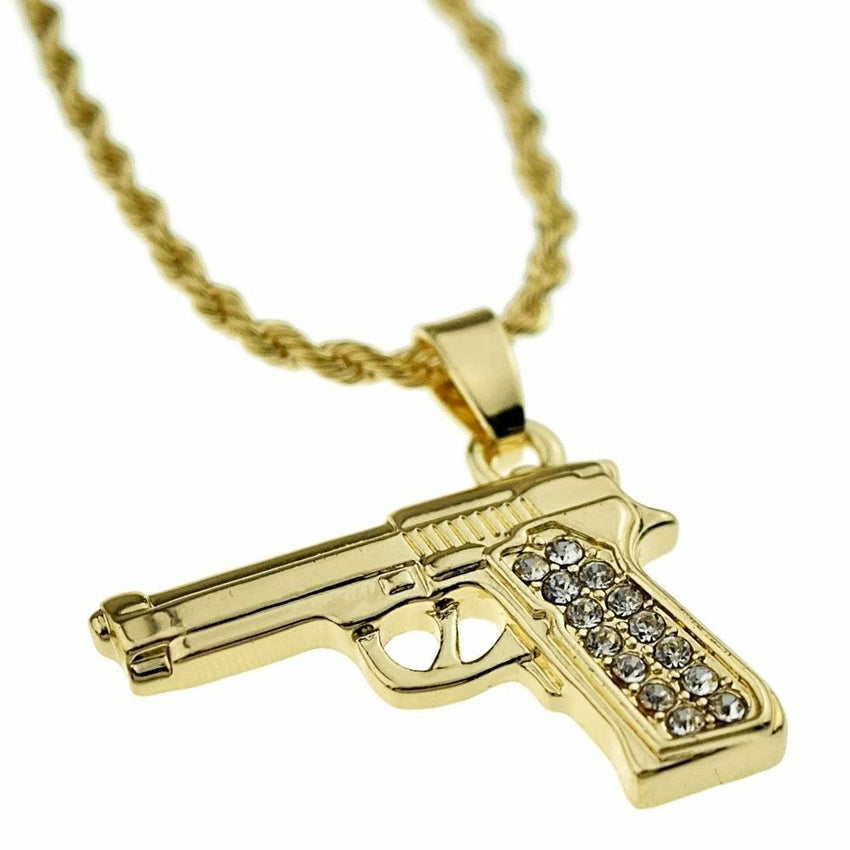 Hip Hop Iced Out Gold Plated CZ Beretta Gun Pendant w/ 24" Rope Chain Necklace