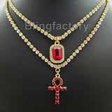 Iced Out Ruby & Ankh Cross Pendant w/ 3mm 16" & 18" 1 Row Tennis Chain Necklace