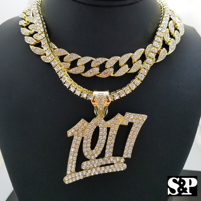 Hip Hop 1017 Pendant w/ 18" 1 ROW DIAMOND Choker Chain Set & 16" Full Iced Cuban Necklace set