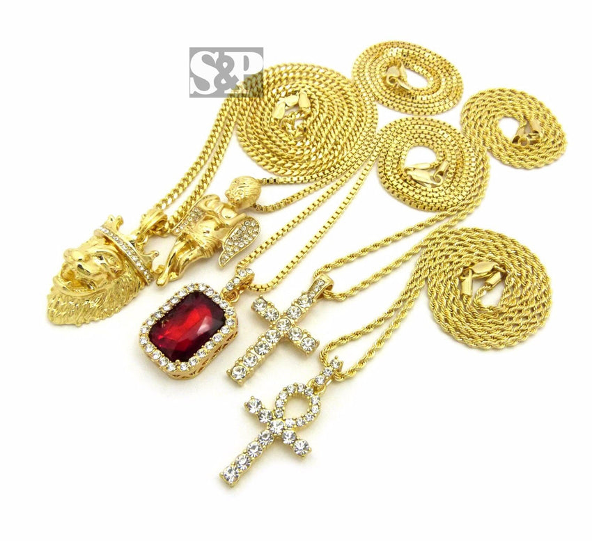 Hip Hop Iced Out Ankh, Cross, Red Ruby, Angel, Lion Head Pendant 5 Necklace Set