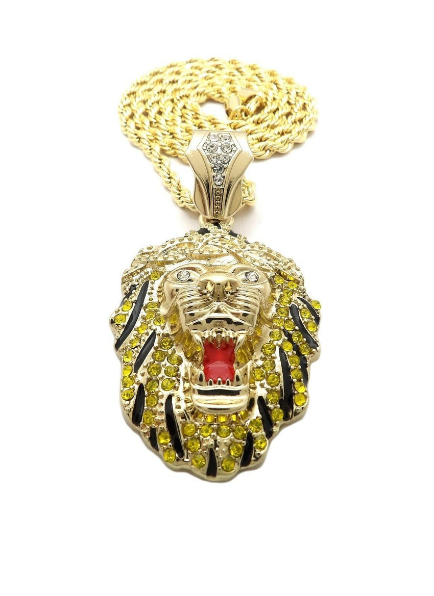HIP HOP ICED OUT 14K GOLD PLATED LION HEAD PENDANT & 4mm 24" ROPE CHAIN NECKLACE