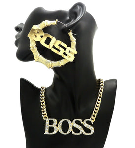 WOMEN BOSS PENDANT FASHION NECKLACE & PINCATCH HOOP EARRING GIFT SET