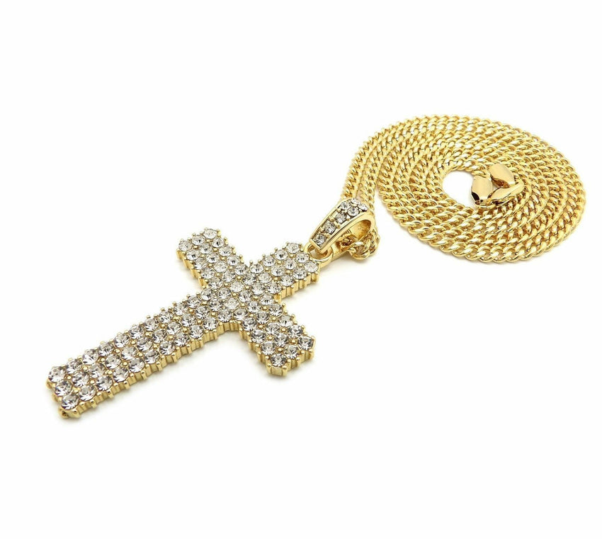 Hip Hop Full Iced Shiny Cross Pendant & 24" Box, Cuban, Rope Chain Necklace
