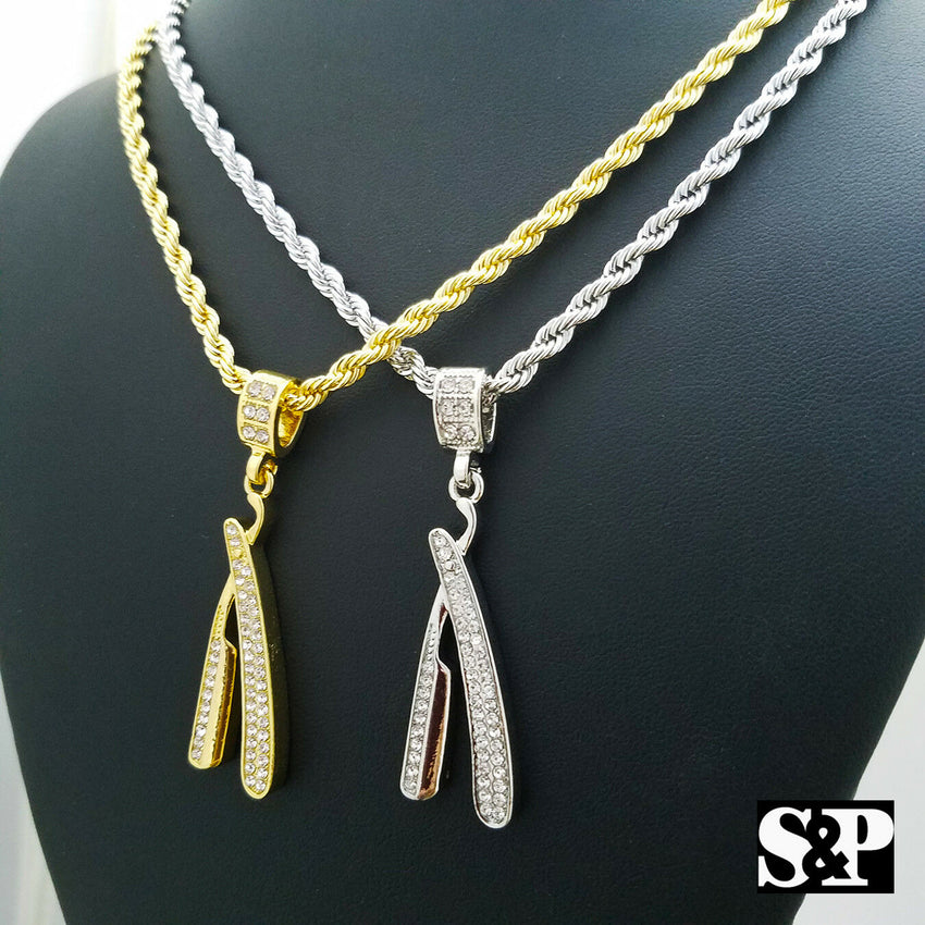Iced out Fashion Barber Shop Razor Blade Pendant & 4mm 24" Rope Chain Necklace