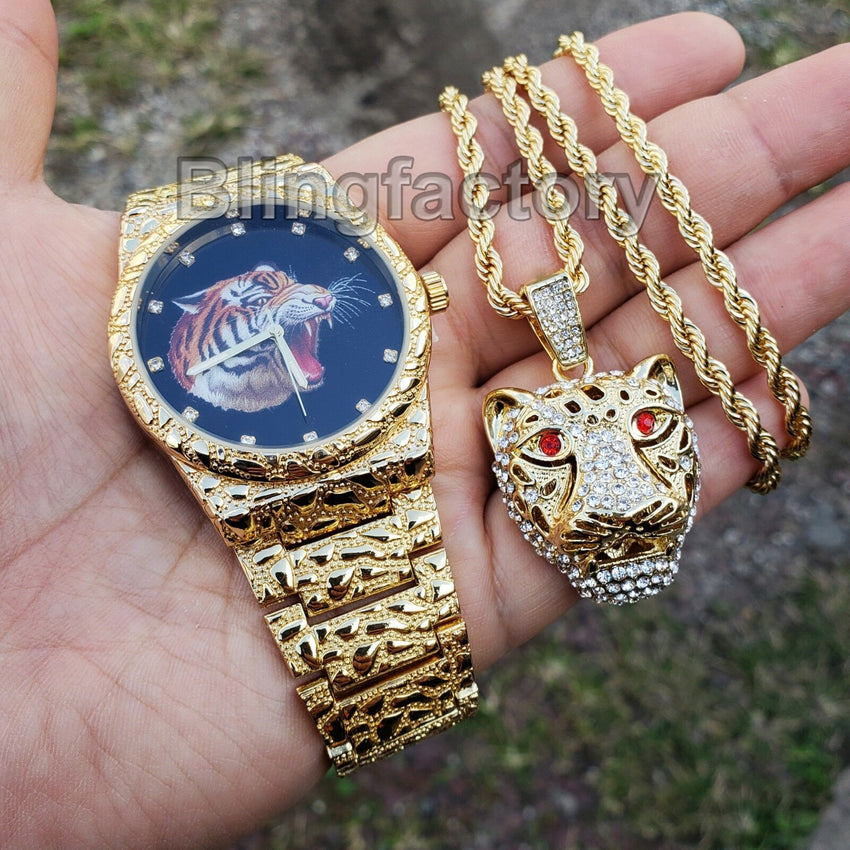 MEN ICED OUT GOLD PLATED TIGER DIAL GOLDEN NUGGET WATCH & NECKLACE COMBO SET