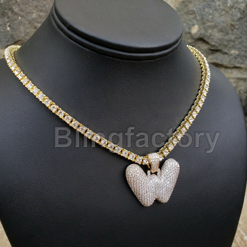 Hip Hop Iced out Brass Bubble Letter "W" & 18" 1 Row Tennis Choker Chain Necklace