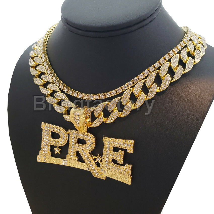 Young Dolph PRE Pendant & 18" Full Iced Cuban & 1 ROW DIAMOND Choker Chain Necklace Set
