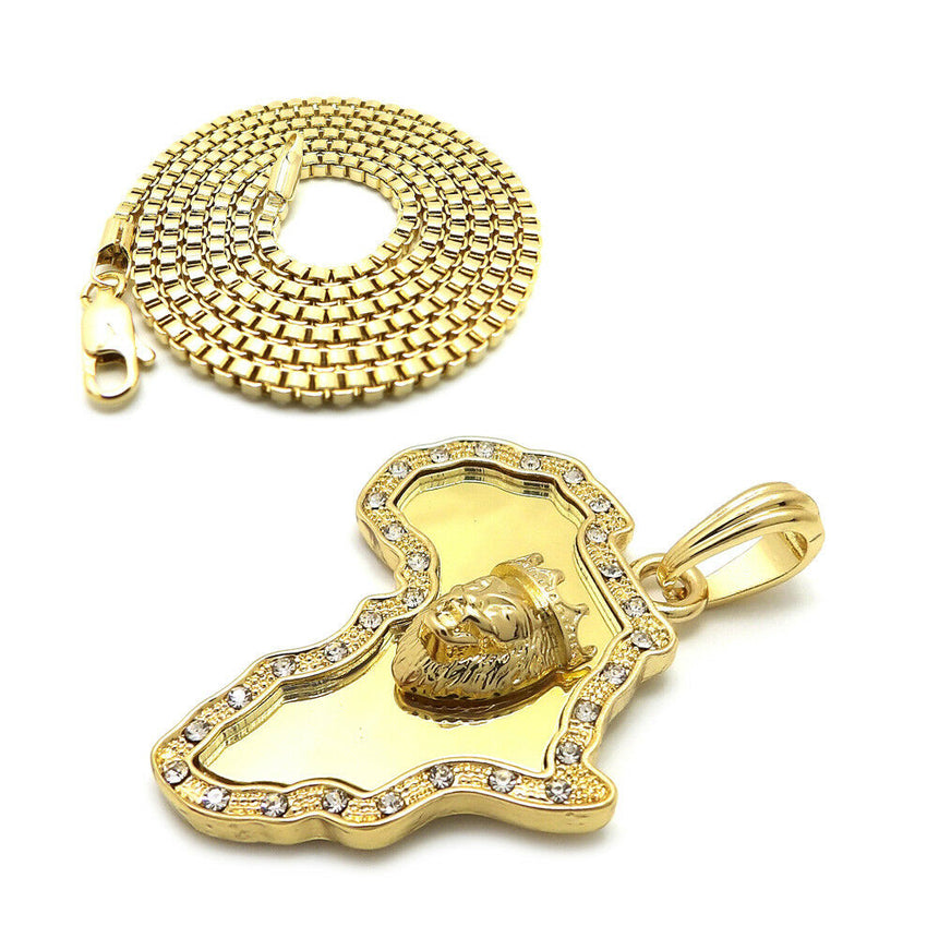 Iced Out Africa Lion King Pendant & 24" Box, Cuban, Rope Chain Hip Hop Necklace