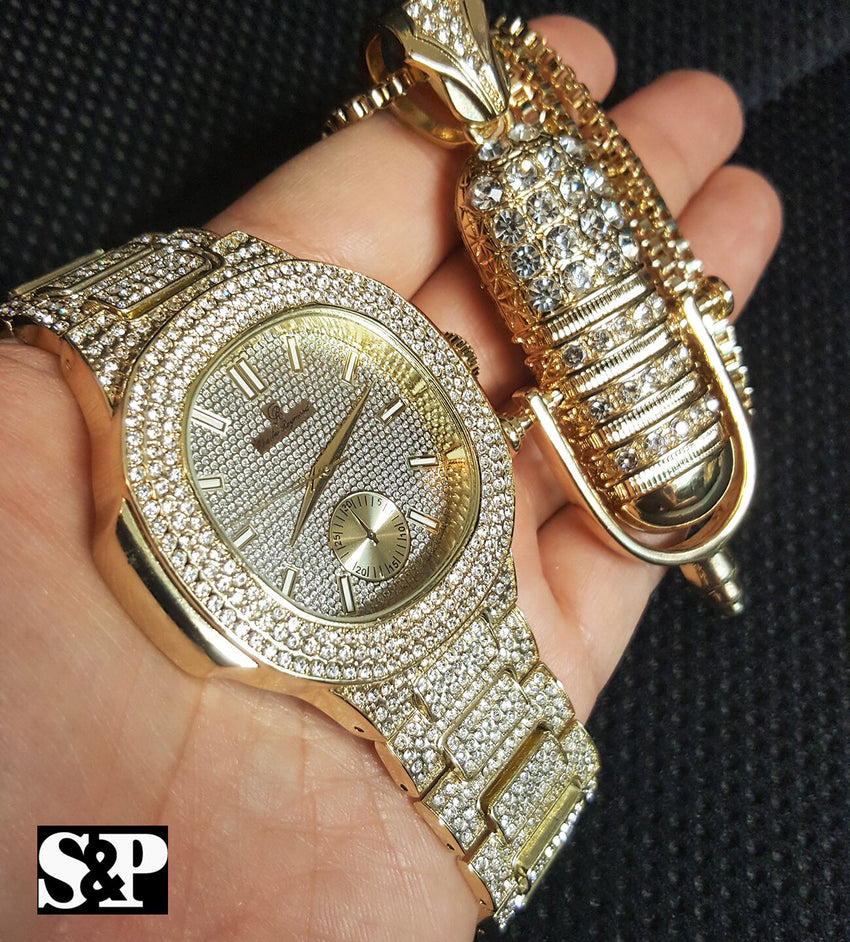 MEN ICED OUT HIP HOP GOLD PT QUAVO WATCH & MIC MICROPHONE NECKLACE COMBO SET