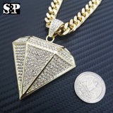 Gold PT Big Diamond Shape Pendant & 10mm 30" Cuban Heavy Chain Hip Hop Necklace