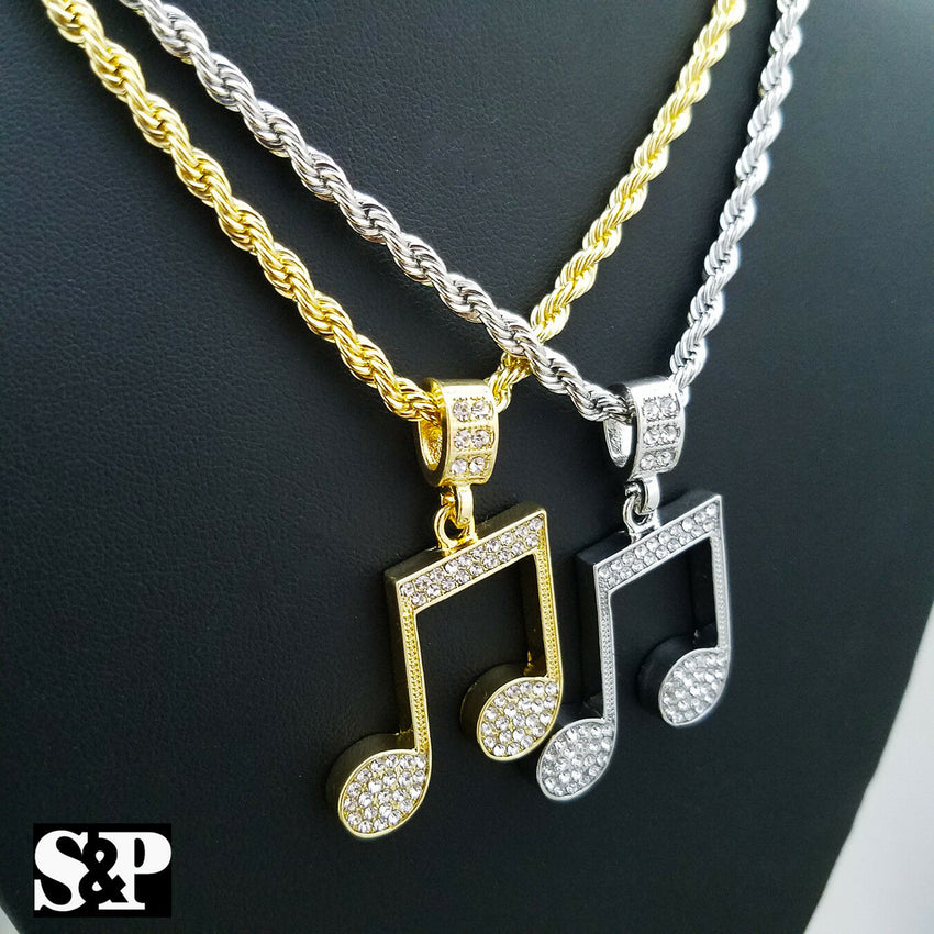 Unisex Iced out Fashion Music Note Pendant & 24" Rope Chain Necklace