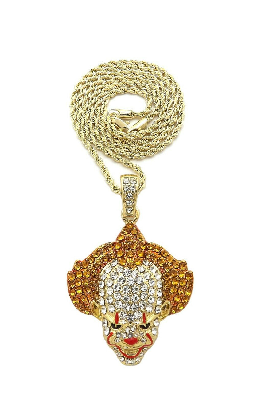 Iced Out Bling Crazy Clown Pendant & 24" Box, Rope, Cuban Chain Hip Hop Necklace