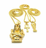 Egyptian Mini Nefertiti, Ankh, Anubis Pendant & 20",24" Box Chain 3 Necklace Set