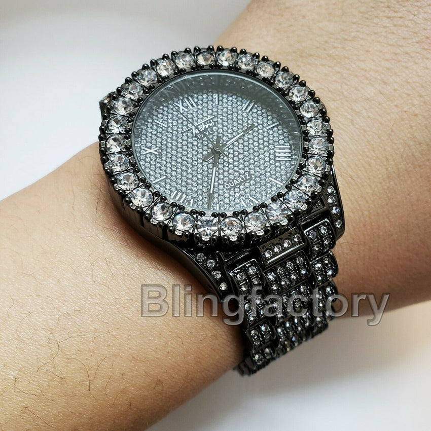 Men's Hip Hop Iced Rapper Bling BIG Simulated Diamond Black Metal Band Watch