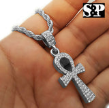 Iced Out Saw Inspired & Ankh Cross Pendant & 20" 24" Rope, Cuban Chain Necklace Set