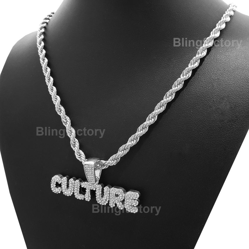 Hip Hop Iced out Bubble Letter "CULTURE" Pendant & 5mm 24" Rope Chain Necklace