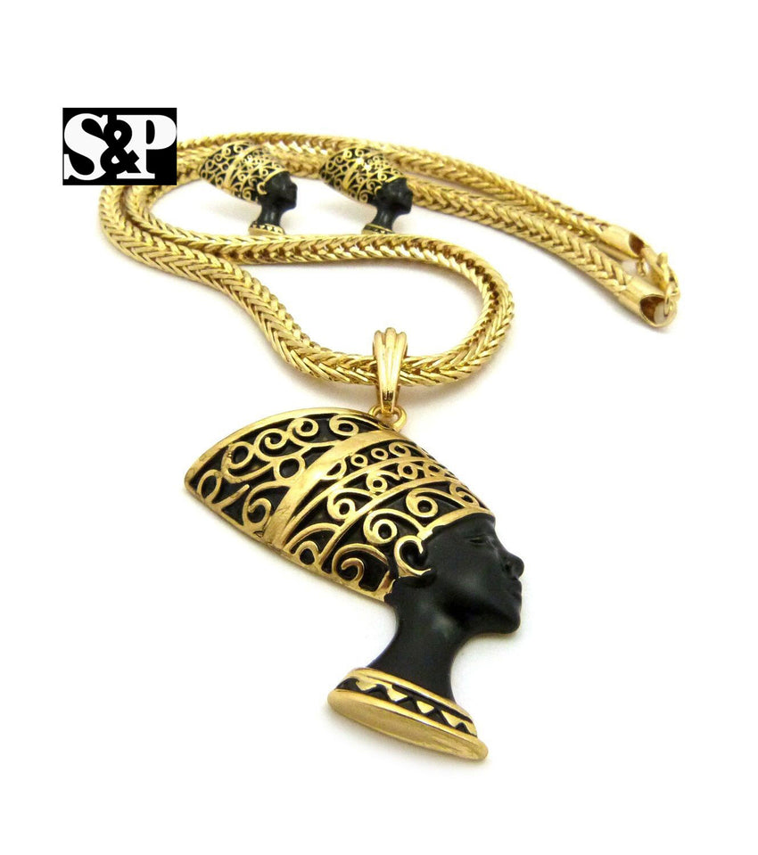 WOMEN'S NEFERTITI PENDANT & FRANCO CHAIN FASHION NECKLACE & EARRING COMBO SET
