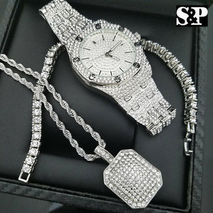 MENS HIP HOP WHITE GOLD PT WATCH & FULL ICED OUT NECKLACE & 1 ROW BRACELET SET