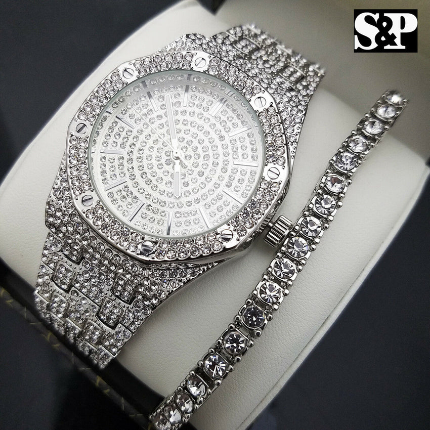 MEN'S HIP HOP WHITE GOLD PT LUXURY WATCH & 1 ROW TENNIS BRACELET COMBO GIFT SET