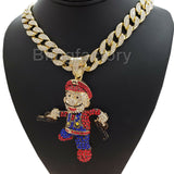Hip Hop Mario Gun Man Pendant & 18" Full Iced Miami Cuban Choker Chain Necklace