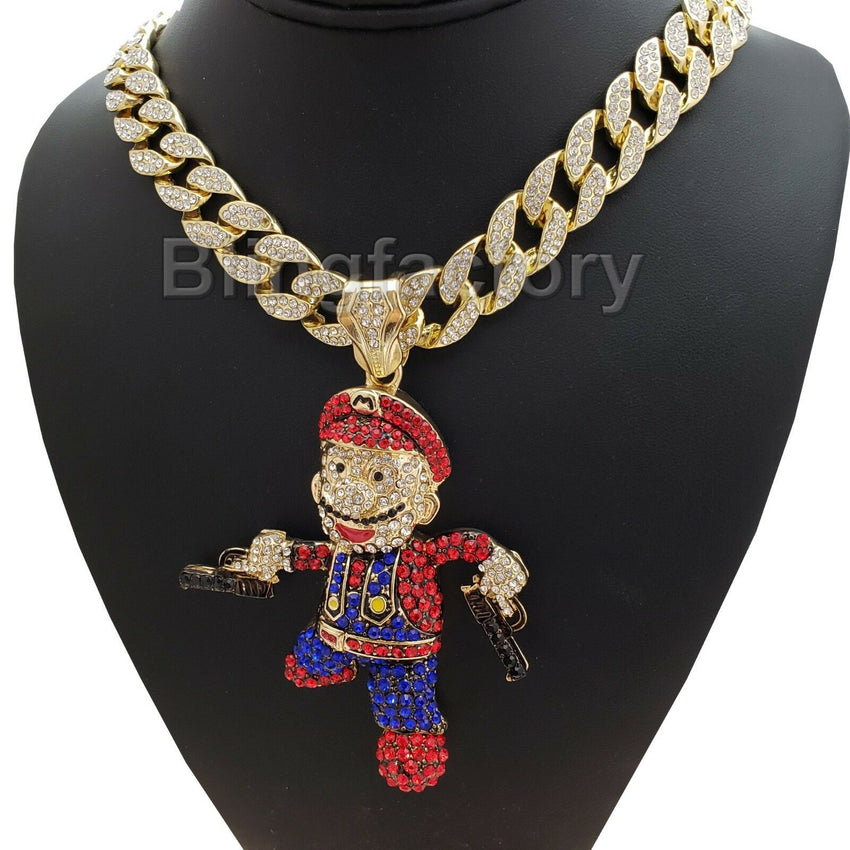 Hip Hop Mario Gun Man Pendant & 18" Full Iced Miami Cuban Choker Chain Necklace