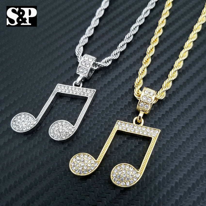 Unisex Iced out Fashion Music Note Pendant & 24" Rope Chain Necklace