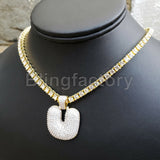 Hip Hop Iced Brass Bubble Letter "U" & 18" 1 Row Tennis Choker Chain Necklace