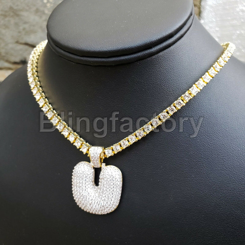 Hip Hop Iced Brass Bubble Letter "U" & 18" 1 Row Tennis Choker Chain Necklace