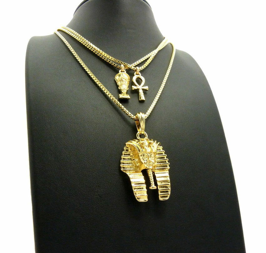 Mini Egyptian Nefertiti, Ankh, Pharaoh Pendant 20",24" Box Chain 3 Necklace Set