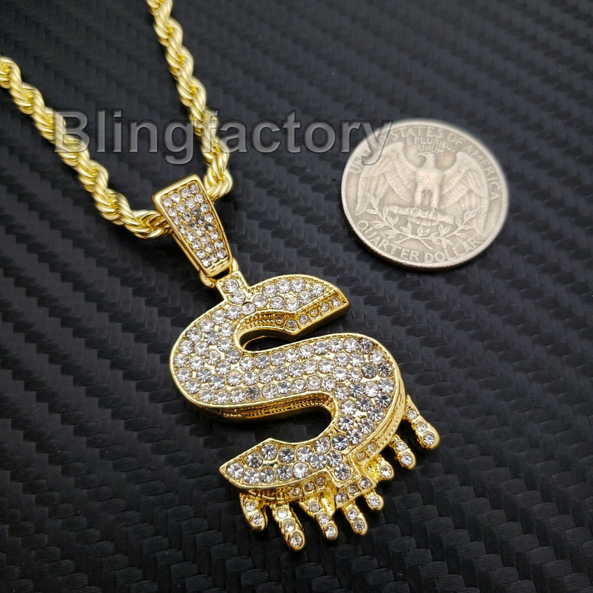 Hip Hop Iced out Lab Diamond $ Symbol Drip Pendant & 4mm 24" Rope Chain Necklace