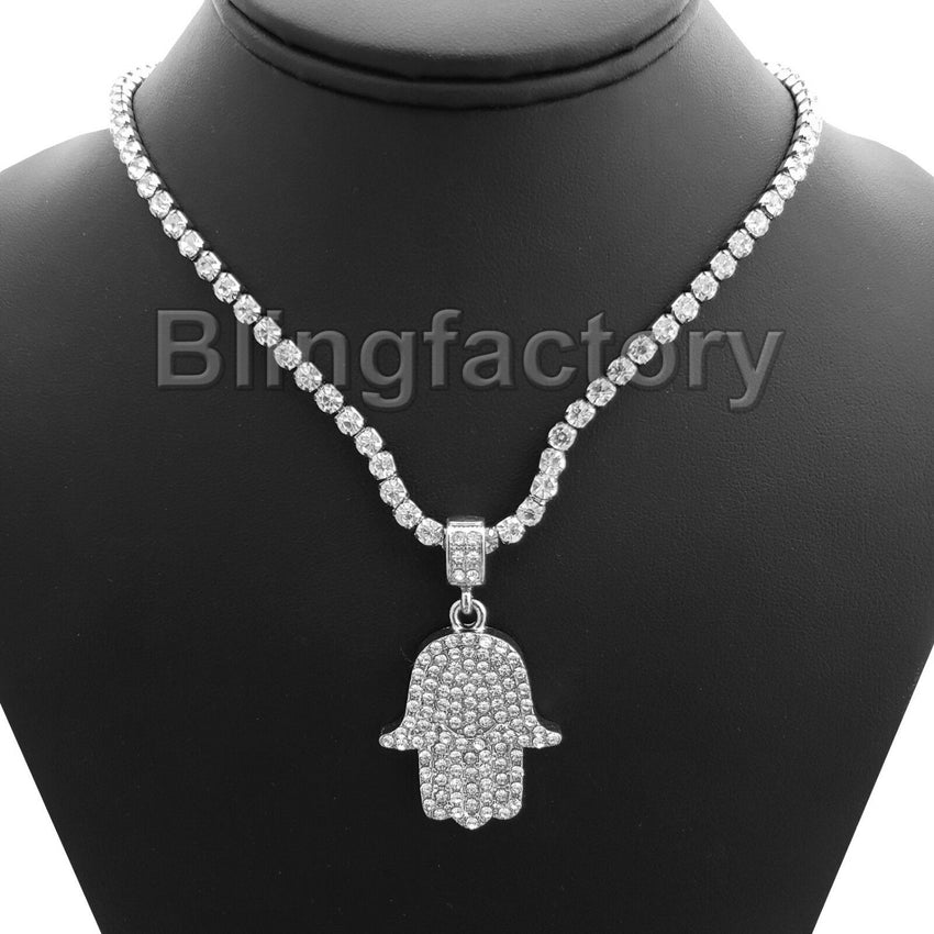 Hip Hop Iced HAMSA KHAMSA Pendant & 1 Row Diamond Tennis Choker Chain Necklace