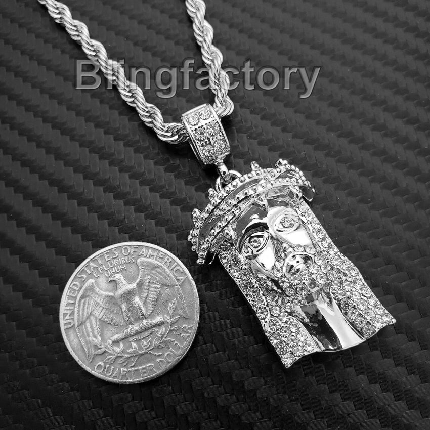 Hip Hop Iced out Lab Diamond Jesus Head Pendant & 4mm 24" Rope Chain Necklace