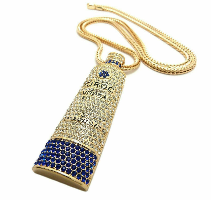 HIP HOP ICED OUT GOLD CIROC VODKA BOTTLE PENDANT & 4mm/36" FRANCO CHAIN NECKLACE