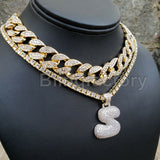 Hip Hop Bubble Letter "S" & 18" Full Iced Cuban & 1 Row Tennis Choker Chain Necklace Set