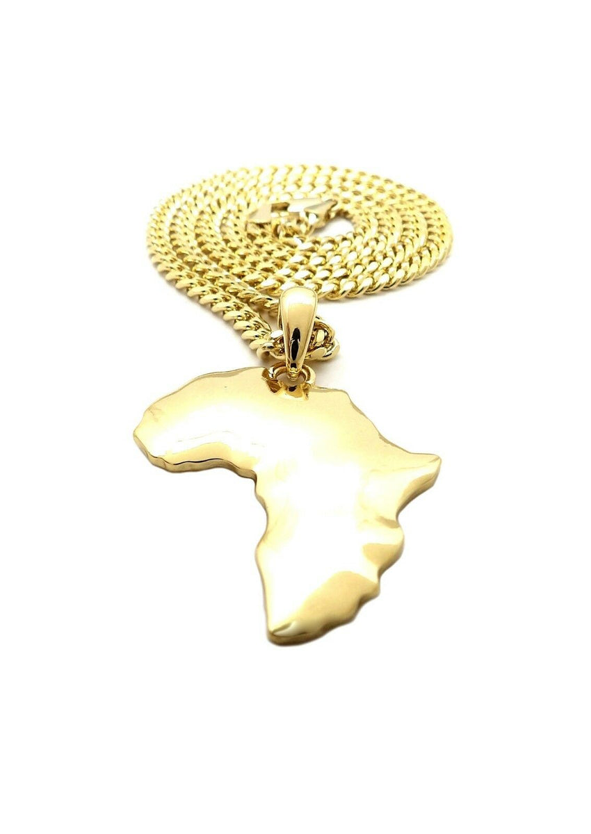 Bling Gold PT Africa Map Pendant & 24" Box, Cuban, Rope Chain Hip Hop Necklace
