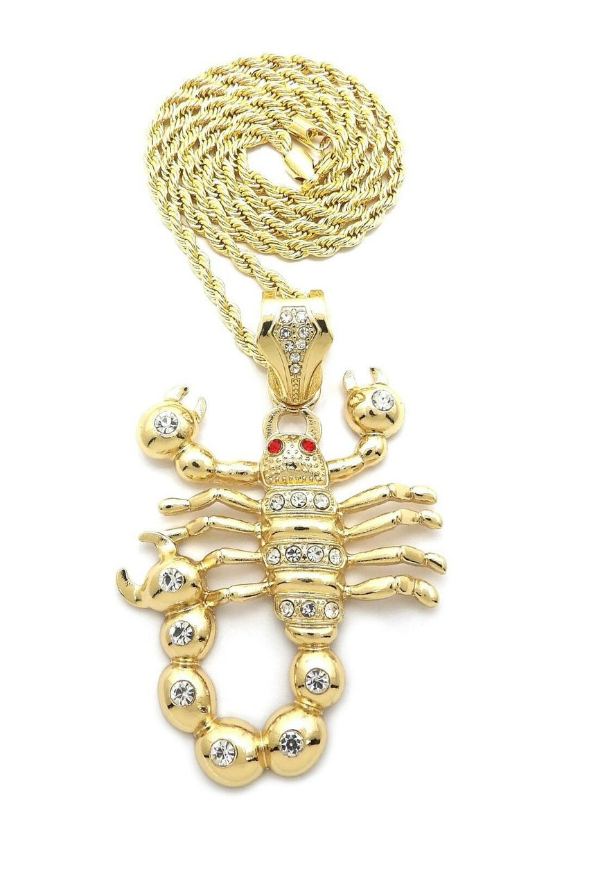 HIP HOP ICED OUT 14K GOLD PLATED SCORPION PENDANT & 4mm 24" ROPE CHAIN NECKLACE
