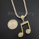 Hip Hop Iced Music Note Pendant & 1 Row Diamond Tennis Choker Chain Necklace