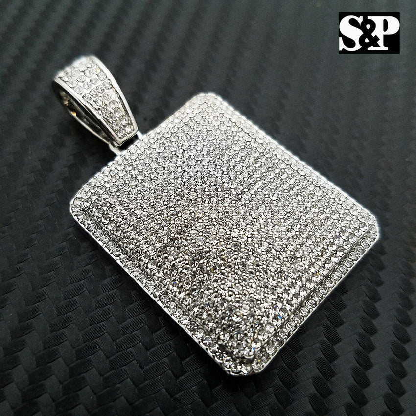 HIP HOP FULL ICED OUT LAB DIAMOND WHITE GOLD PLATED BLING LARGE SQUARE PENDANT