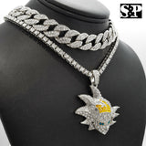Hip Hop SON GOKU pendant w/ 18" Full Iced Cuban & 1 ROW DIAMOND Choker Chain Set