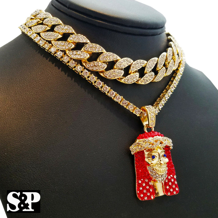 Hip Hop Lil Yachty RED JESUS 18" Full Iced Cuban & 1 ROW Tennis Choker Chain Necklace Set