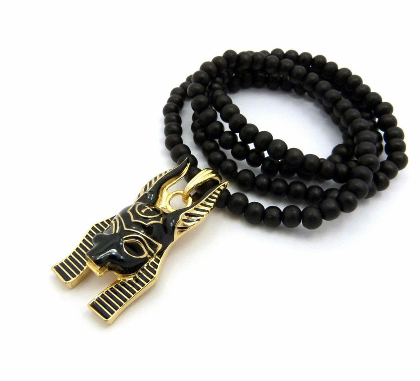 Hip Hop Egyptian God Two Tone Anubis Pendant & 6mm 30" Wooden Bead Necklace