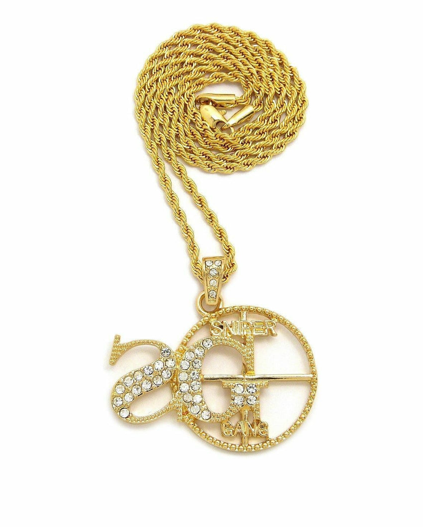 ICED OUT HIP HOP 'SG' SNIPER GANG PENDANT & 24" BOX, CUBAN, ROPE CHAIN NECKLACES
